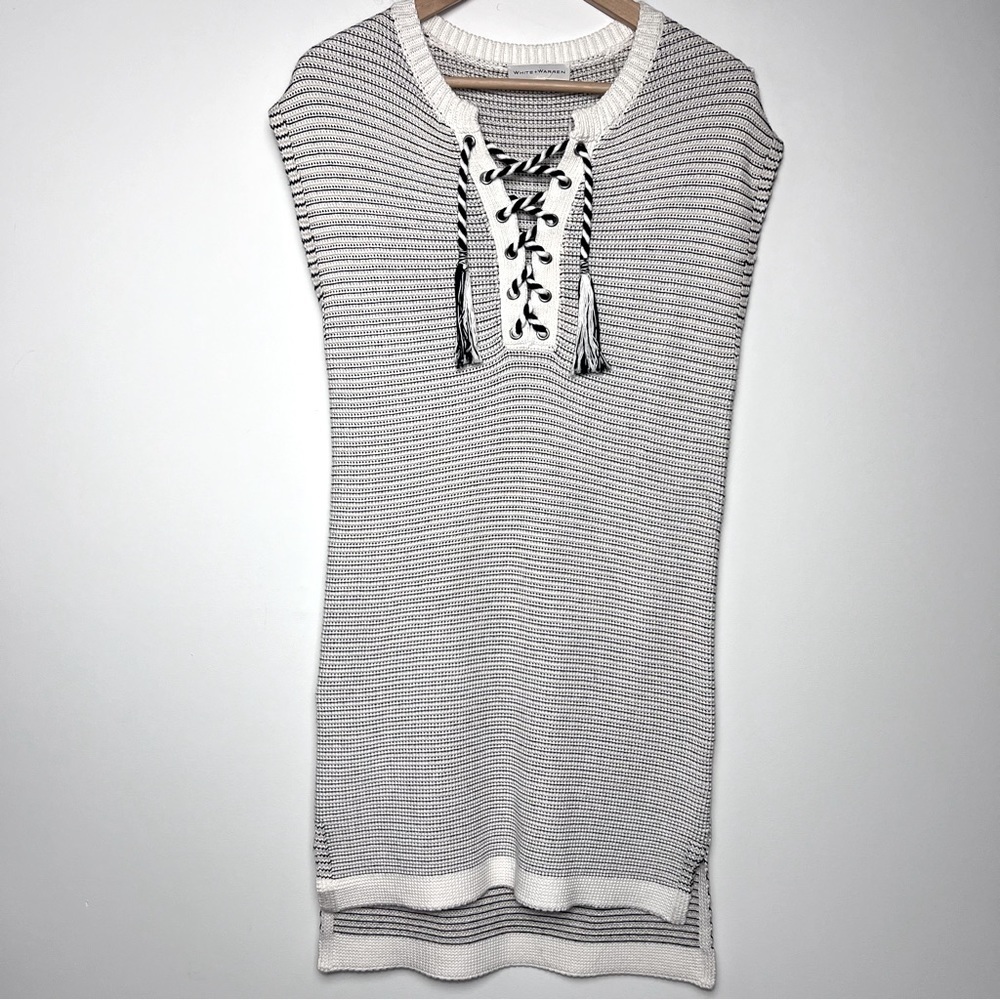 WHITE & WARREN Knit Ribbed Striped Sleeveless Cotton Midi Dress Coastal Nautical